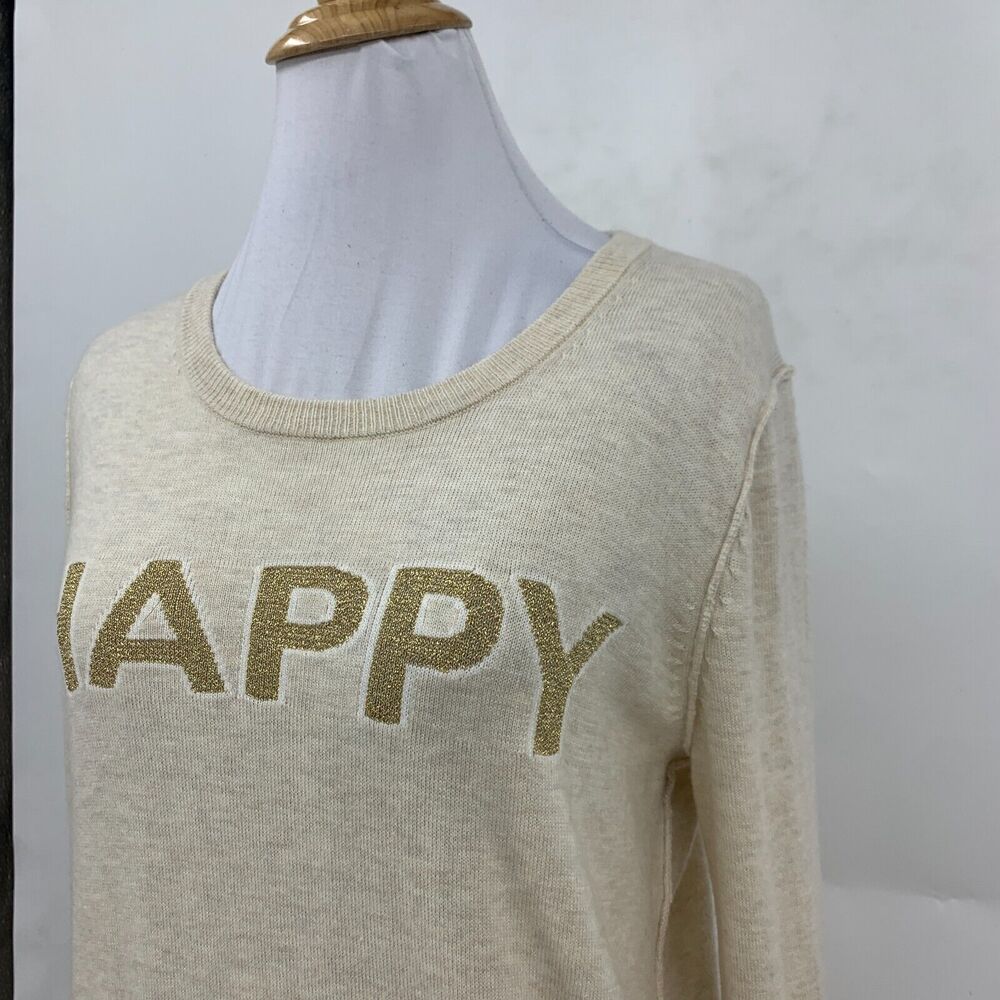 Gap Intarsia Happy Sweater Womens S Small Oatmeal Merino Wool Blend Pullover - Picture 4 of 15